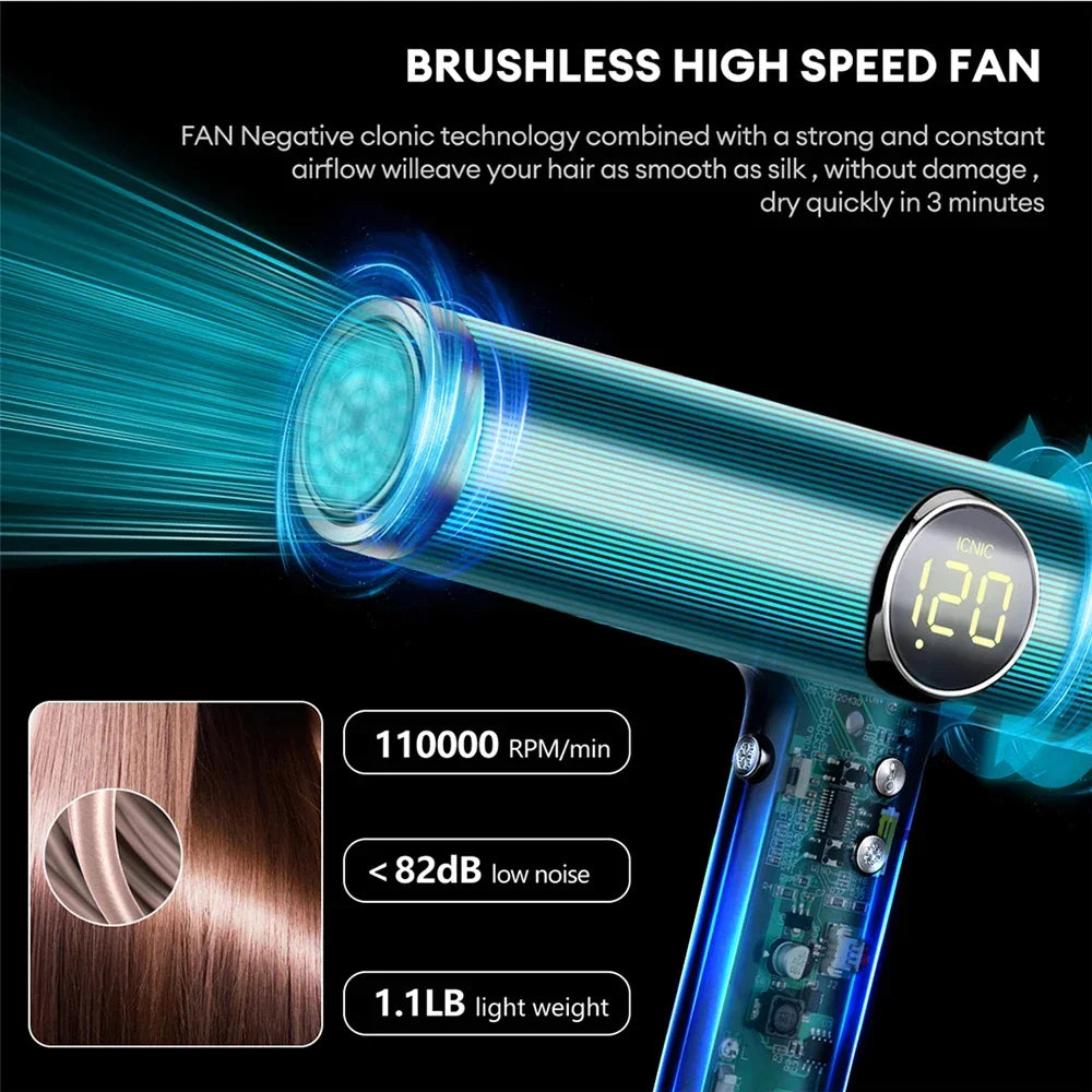 110000RPM Professional Hair Dryer Brushless Negative Ions Blow Dryer Super Powerful Wind Lownoise Salon 1600W Electric Blower