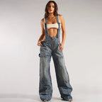 Jumpsuits Jeans Overalls  Backless Vintage Full Length Denim Straight Pants Loose Pockets