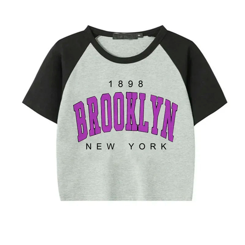 Brooklyn 1898 Letter Print Crop Graphic T-shirt Korean Style