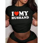 Cropped I Love My Husband Print Crew Neck T-shirt Y2K Short Sleeve Crop