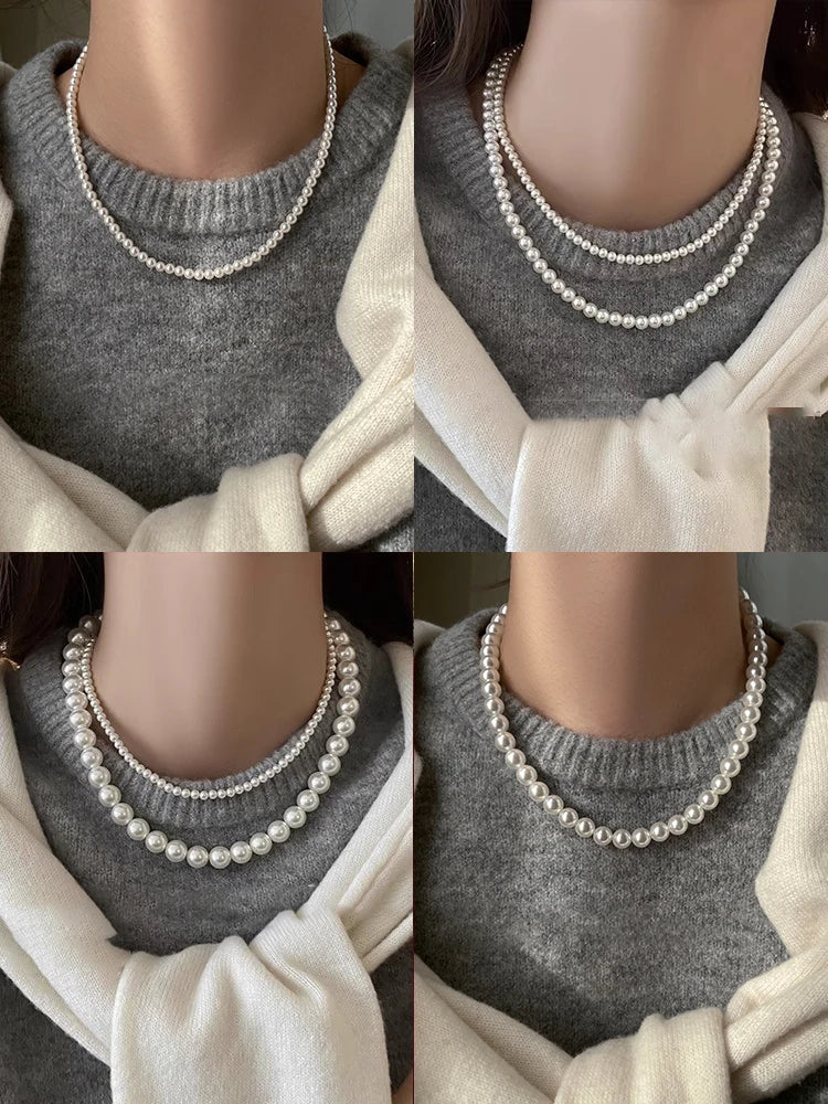 Girl’s Imitation White Pearl Magnetic Round Buckle Beadeds Chain Necklace 2024 New Collarbone Chain Elegant Jewelry for Women