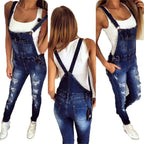 Denim Overalls Jeans Ankle Length Pencil Pants Pockets Holes Solid High Waist