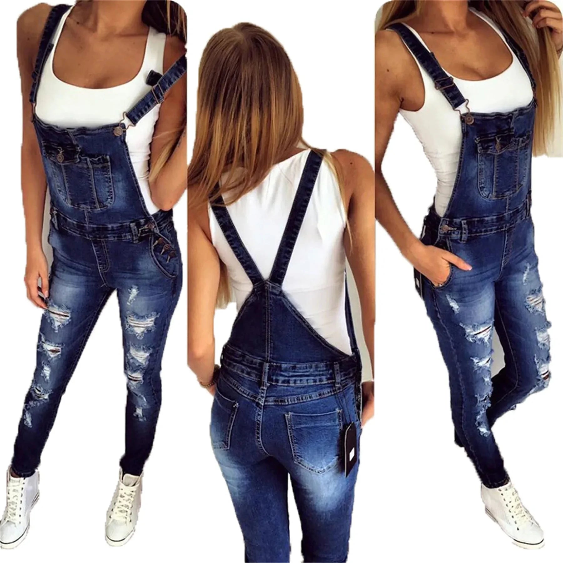 Denim Overalls Jeans Ankle Length Pencil Pants Pockets Holes Solid High Waist