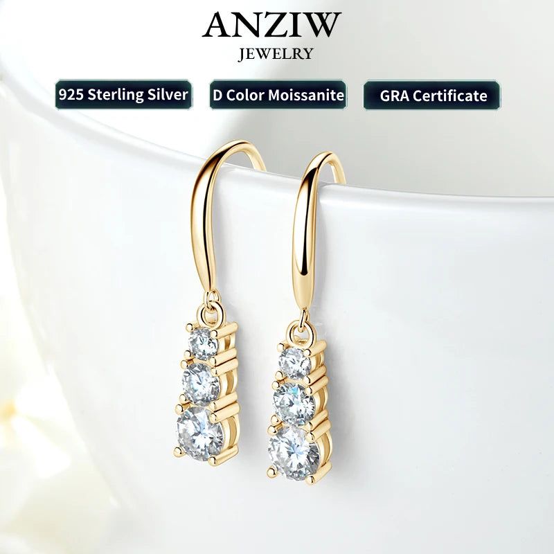 Anziw 925 Silver Three Stone Hook Earrings GRA Certified 1.8CTW. Moissanite Dangel Drop Earrings Wedding Jewelry Gifts for Women