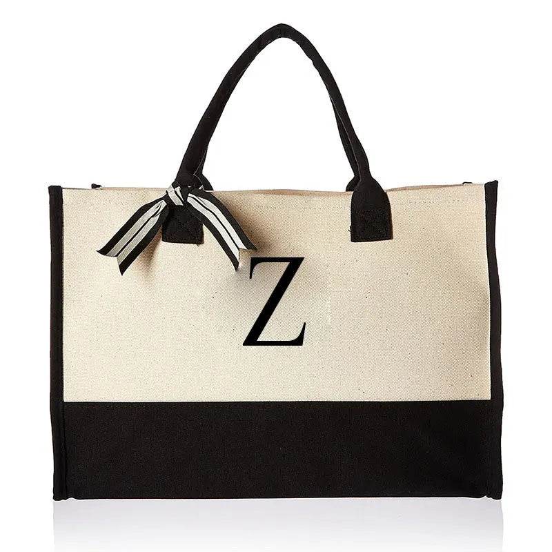 A-Z Canvas Totes bag Fashion Canvas Tote Letters Flower Portable Beach Shoulder Shopping Casual Beach Bag Large Capacity Handbag - Imbasat