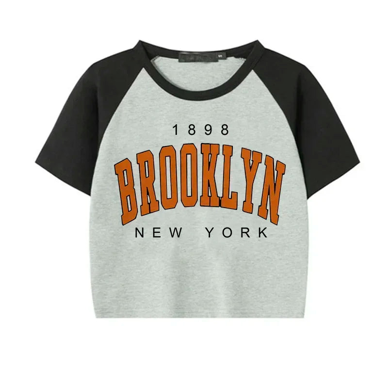 Brooklyn 1898 Letter Print Crop Graphic T-shirt Korean Style