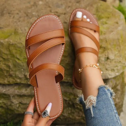 Rimocy Summer Flat Heel Sandals for Women Casual Plus Size 42 Beach Slippers Woman Pu Leather Strap Slip-On Gladiator Sandals - Imbasat