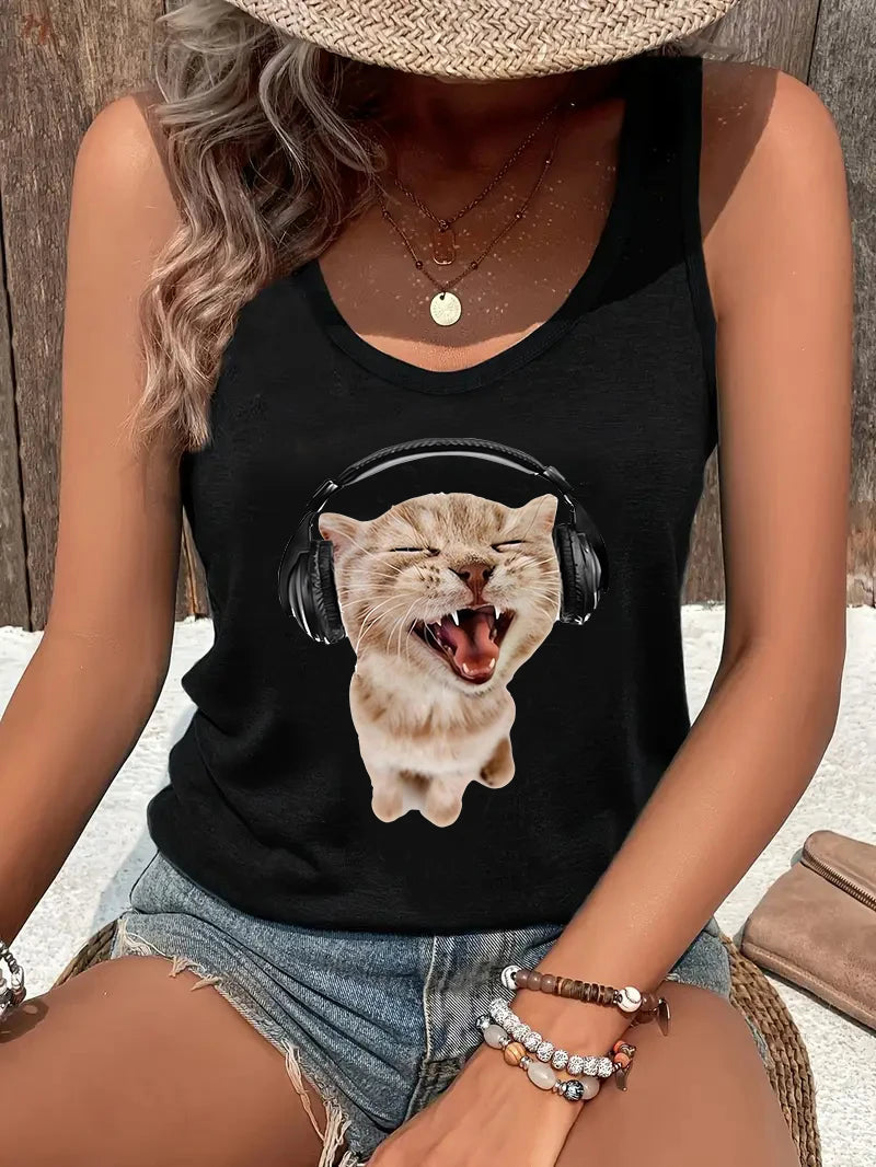 Cat Women Summer White Print T-shirt Girl Casual O Neck