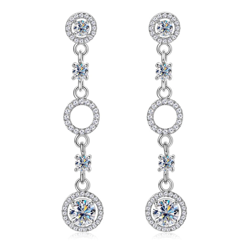 Anziw 2024 Long Stud Earrings Real 925 Silver 2CTW. Round Moissanite Dangle Earrings