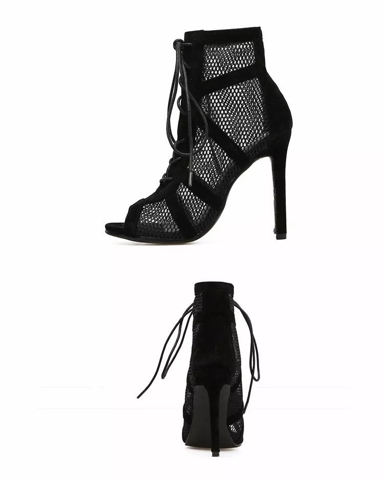 Black Net Fabric Cross Strap High Heel Lace-up Peep Toe