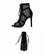 Black Net Fabric Cross Strap High Heel Lace-up Peep Toe
