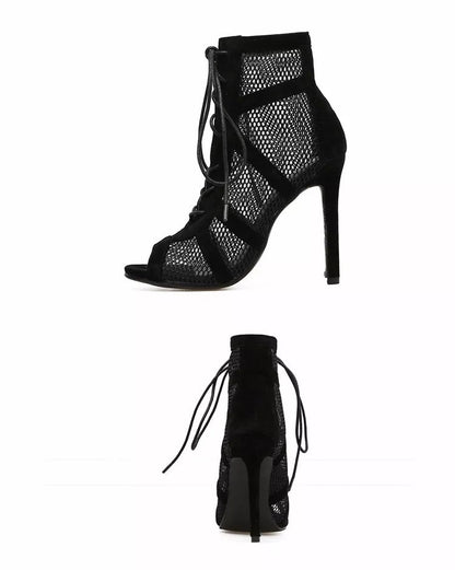 New Fashion Show Black Net Fabric Cross Strap Sexy High Heel Sandals Woman Shoes Pumps Lace-up Peep Toe Sandals Casual Mesh