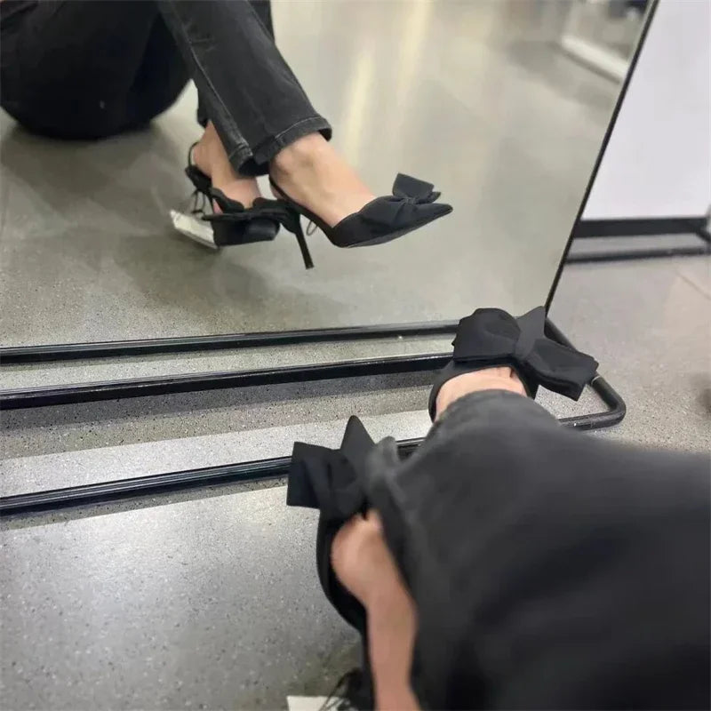 Thin Heels Bowknot Design Pointed Toe Slingbacks