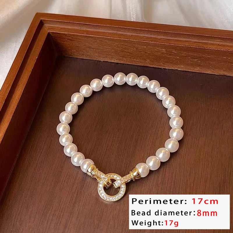 French Elegant Micro Set Zircon Round Buckle Imitation Pearl Beaded Necklace For Women's Temperament Jewelry Sweet Accessories