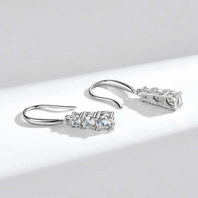 Anziw 925 Silver Three Stone Hook Earrings 1.8CTW. Moissanite Earrings