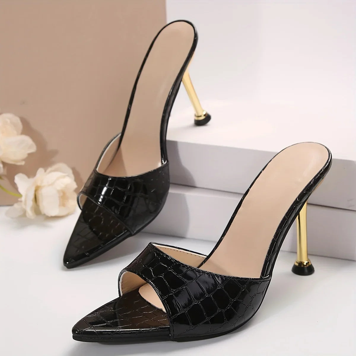 Glamorous Crocodile Texture High Heel Sandals - Chic Slip-On Stilettos with Pointy Peep Toe for Fashion-Forward Parties Banquets