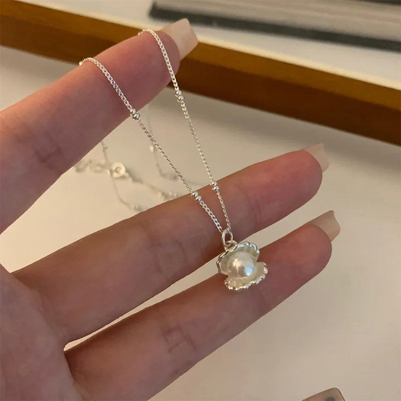 925 Silver Pearl Simple Elegant Thin Chain Pendant Necklace