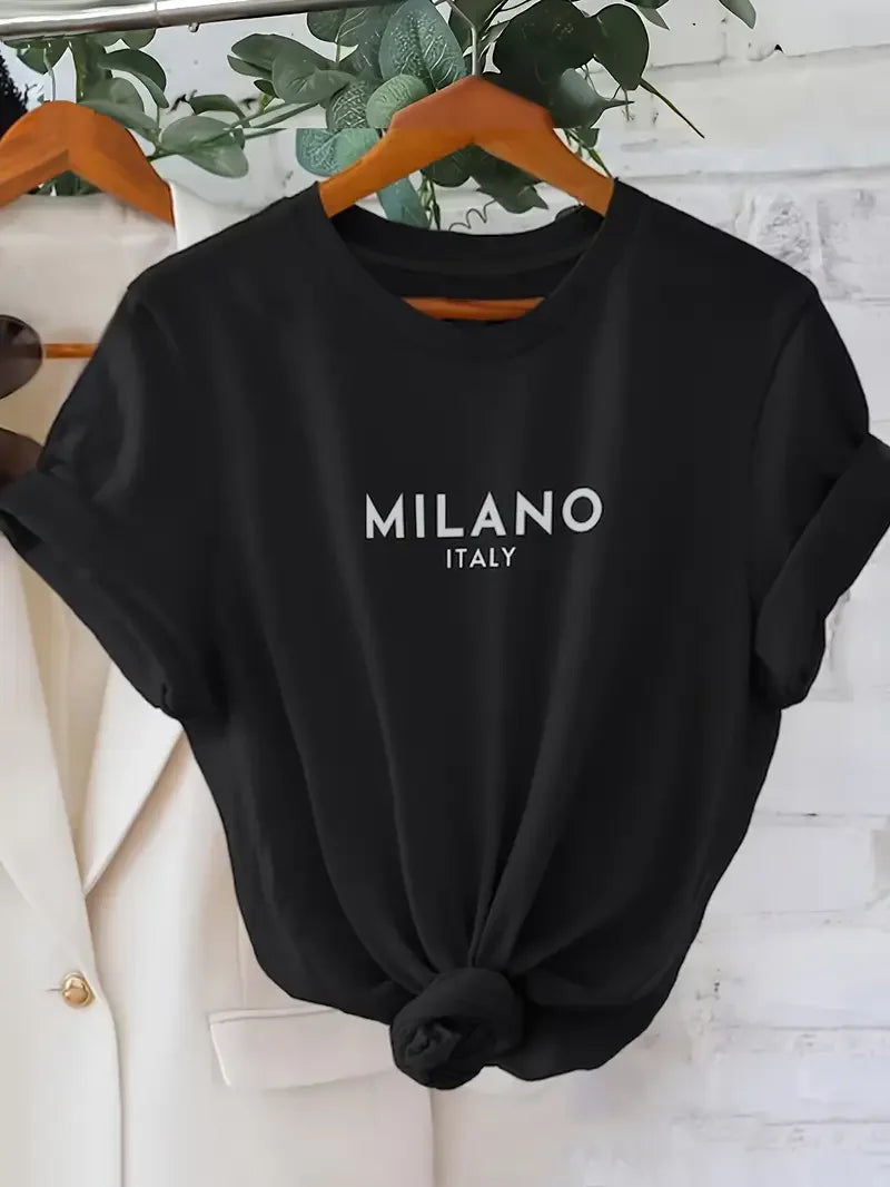 Milano Letter Print T-shirt Casual Crew Neck Short Sleeve Top
