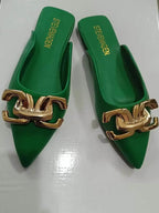 2024 New Summer Women Sandals Shoes Fashion Metal Chain Flats Pointed Toe Women's Slippers Ladies Casual Shoes Outside Slides - Imbasat