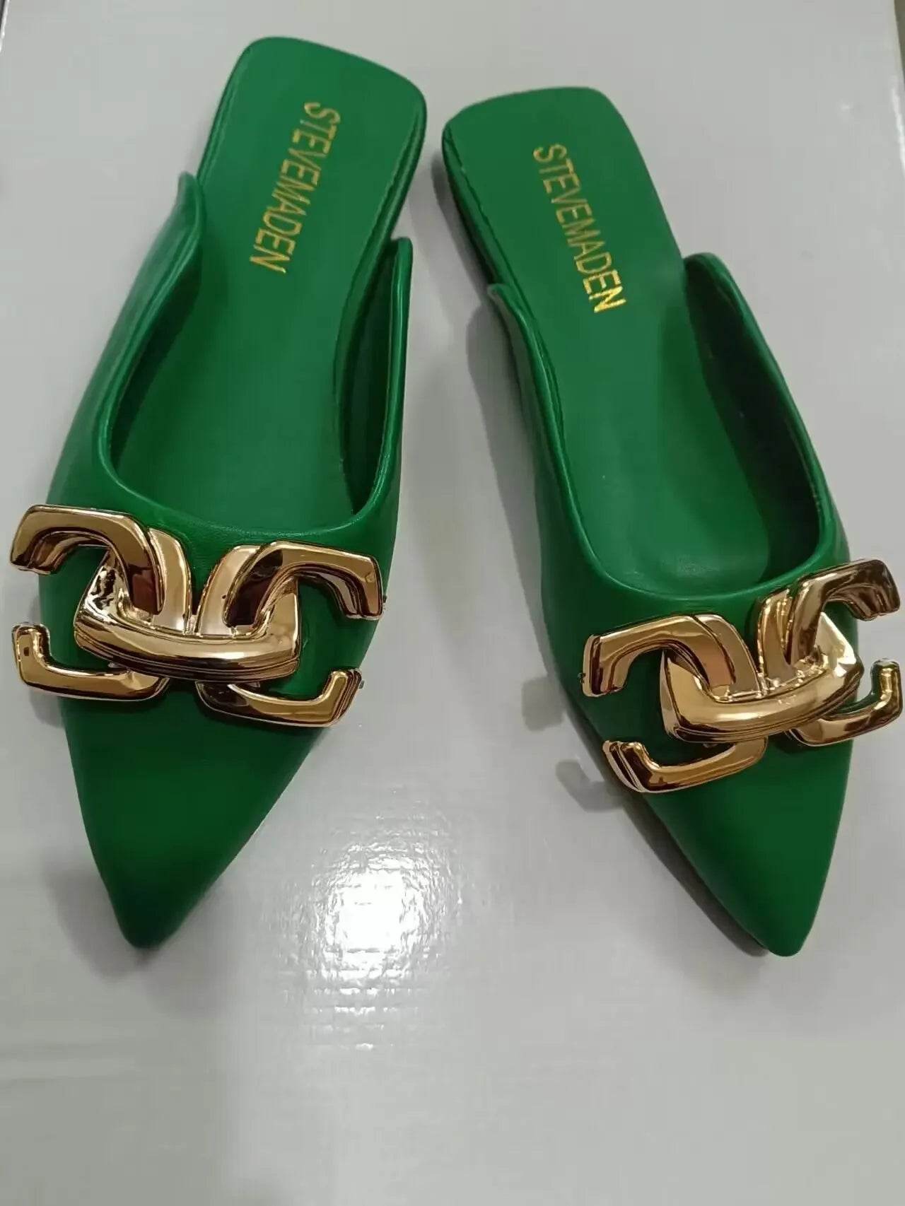 2024 New Summer Women Sandals Shoes Fashion Metal Chain Flats Pointed Toe Women's Slippers Ladies Casual Shoes Outside Slides - Imbasat