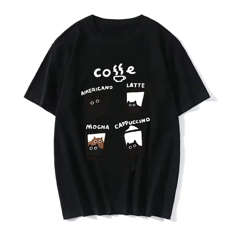 Cat Coffee O-Neck T-shirts Summer