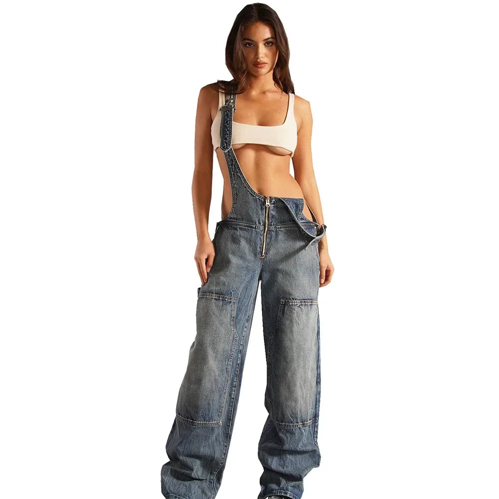 Jumpsuits Jeans Overalls  Backless Vintage Full Length Denim Straight Pants Loose Pockets