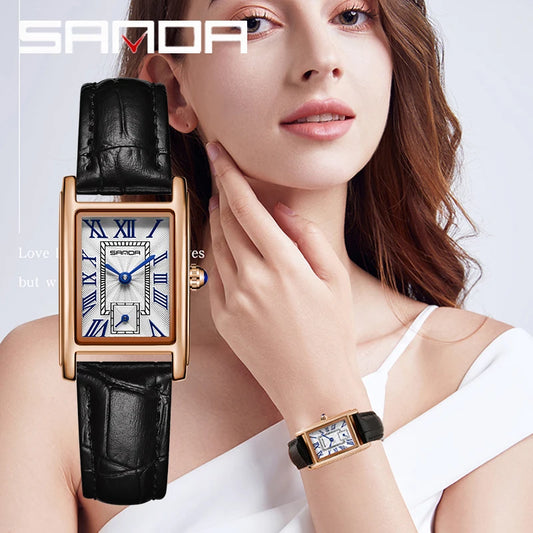 SANDA New Fashion Elegant Design Rectangle Dial Water Resistant Leather Quartz Movement Business Gift  Women Analog Wrist Watch