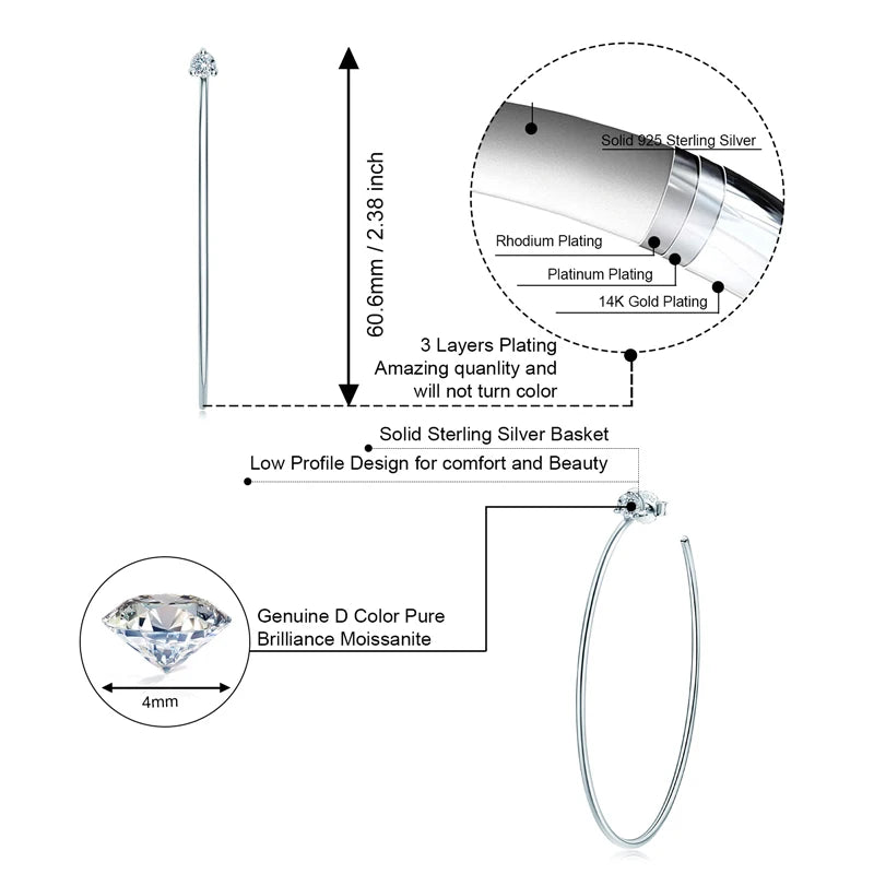 Anziw Korean 4.0mm Moissanite Large Big Hoop Earrings Silver 925