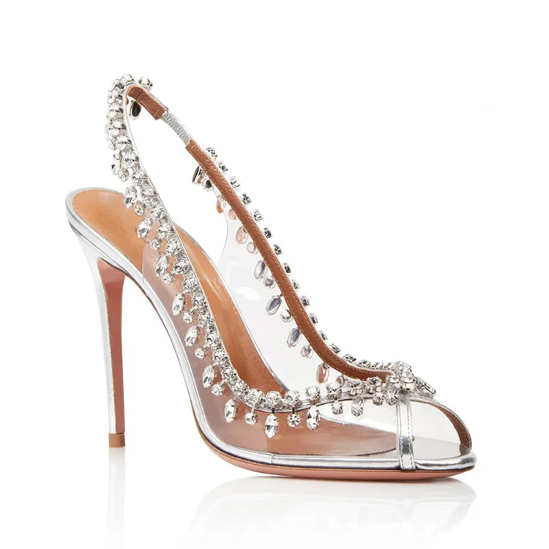 High-heeled Sandals Fish Mouth Transparent with Rhinestone Chain Stiletto Heels