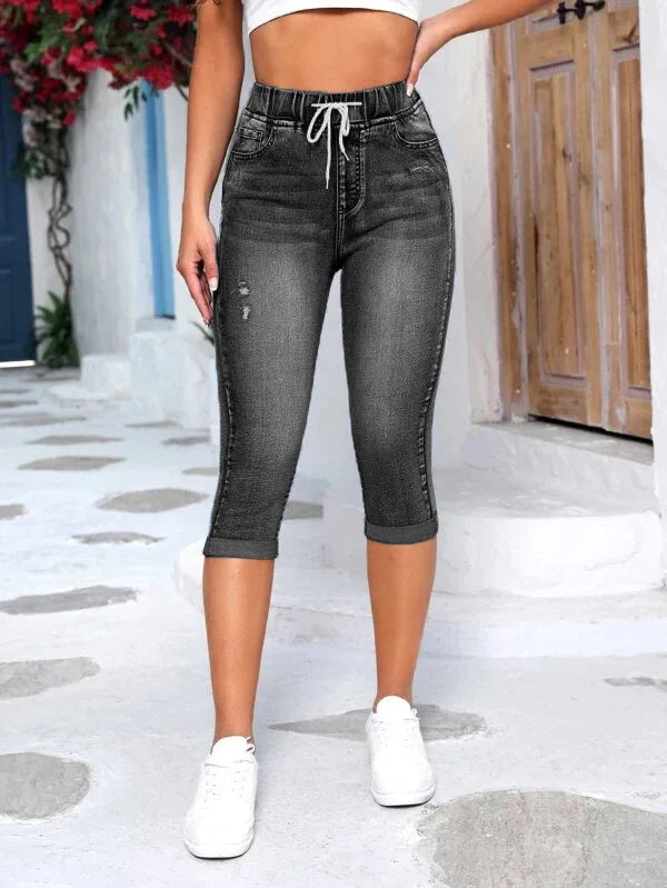 Women Jeans Elastic Waist Drawstring High Waist Ripped Jeans