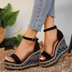 2024 Summer New European and American Fashion Simple Ethnic Style Slope Heel Sandals with One Button High Heel Women's Shoes - Imbasat