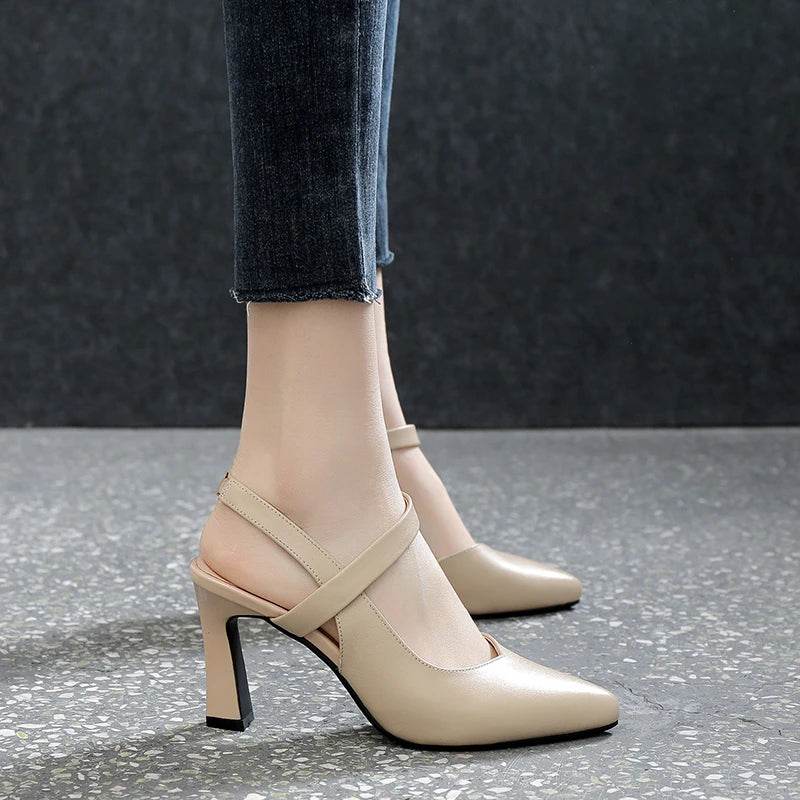 Soft Leather Solid Color Sandals Women 2022 Summer New Style Thick Heels with Baotou Fashion High-heeled Women's Shoes - Imbasat