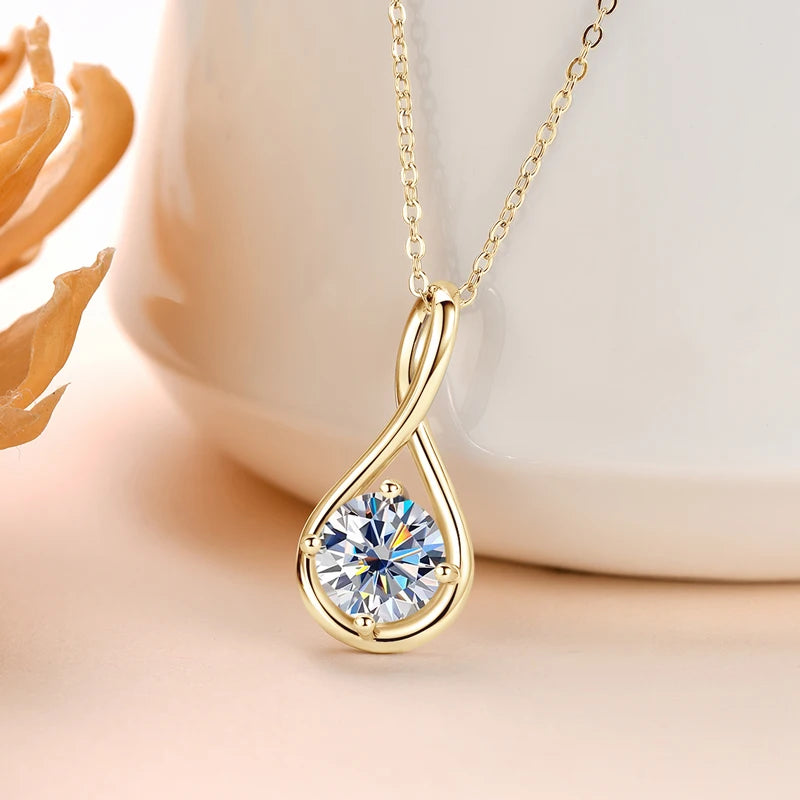 18K Gold Plated Solitaire Round 8mm 2ct Moissanite Infinity Pendant Necklace 925 Sterling Silver Women Teardrop D Color Diamond