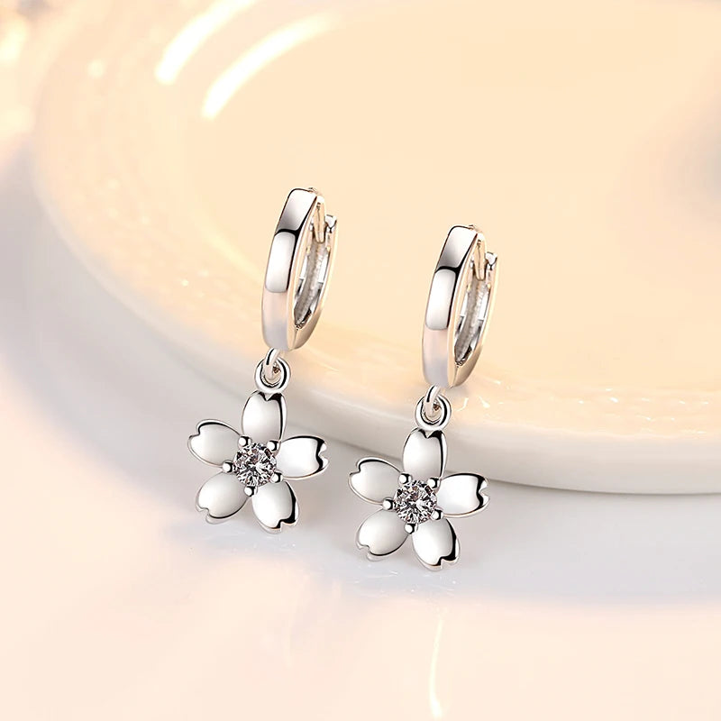 Solid 925 Sterling Silver Crystal Zircon Flower Drop Earrings For Women New Jewelry Fashion XY0067