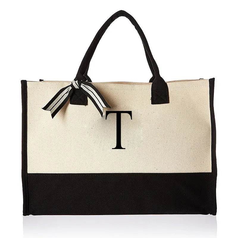 A-Z Canvas Totes bag Fashion Canvas Tote Letters Flower Portable Beach Shoulder Shopping Casual Beach Bag Large Capacity Handbag - Imbasat