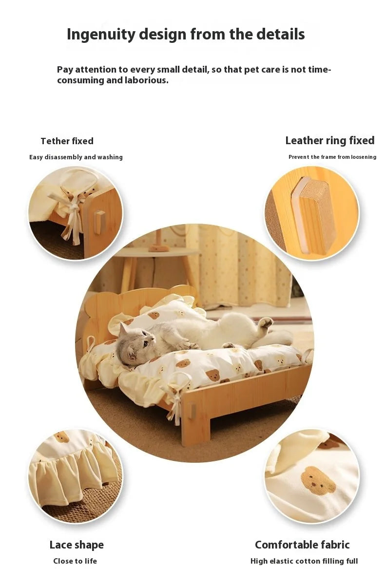 Solid Wood Cat Bed Summer Puppy Bed Removable Mat Washable All Season Universal Cat Nest
