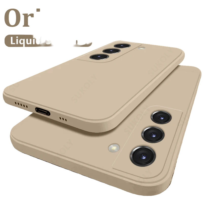 A beige-colored liquid silicone phone case for Samsung Galaxy, displayed in a half-wrapped design around the phone's camera module.