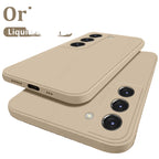 A beige-colored liquid silicone phone case for Samsung Galaxy, displayed in a half-wrapped design around the phone's camera module.