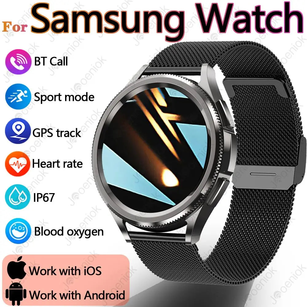 Samsung smartwatch with a black band and silver case, displaying various features such as heart rate monitoring, Bluetooth calling, and health monitoring.