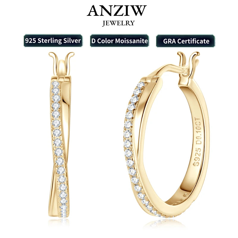 Anziw Classic Real Moissanite Hoop Earrings 925 Silver 18K Gold Plated Clip Earrings