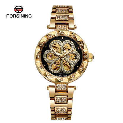 Forsining Skeleton Watch for Women Fashion Classics Diamond Automatic Mechanical Watches Luminous Hands Stainless Steel Strap