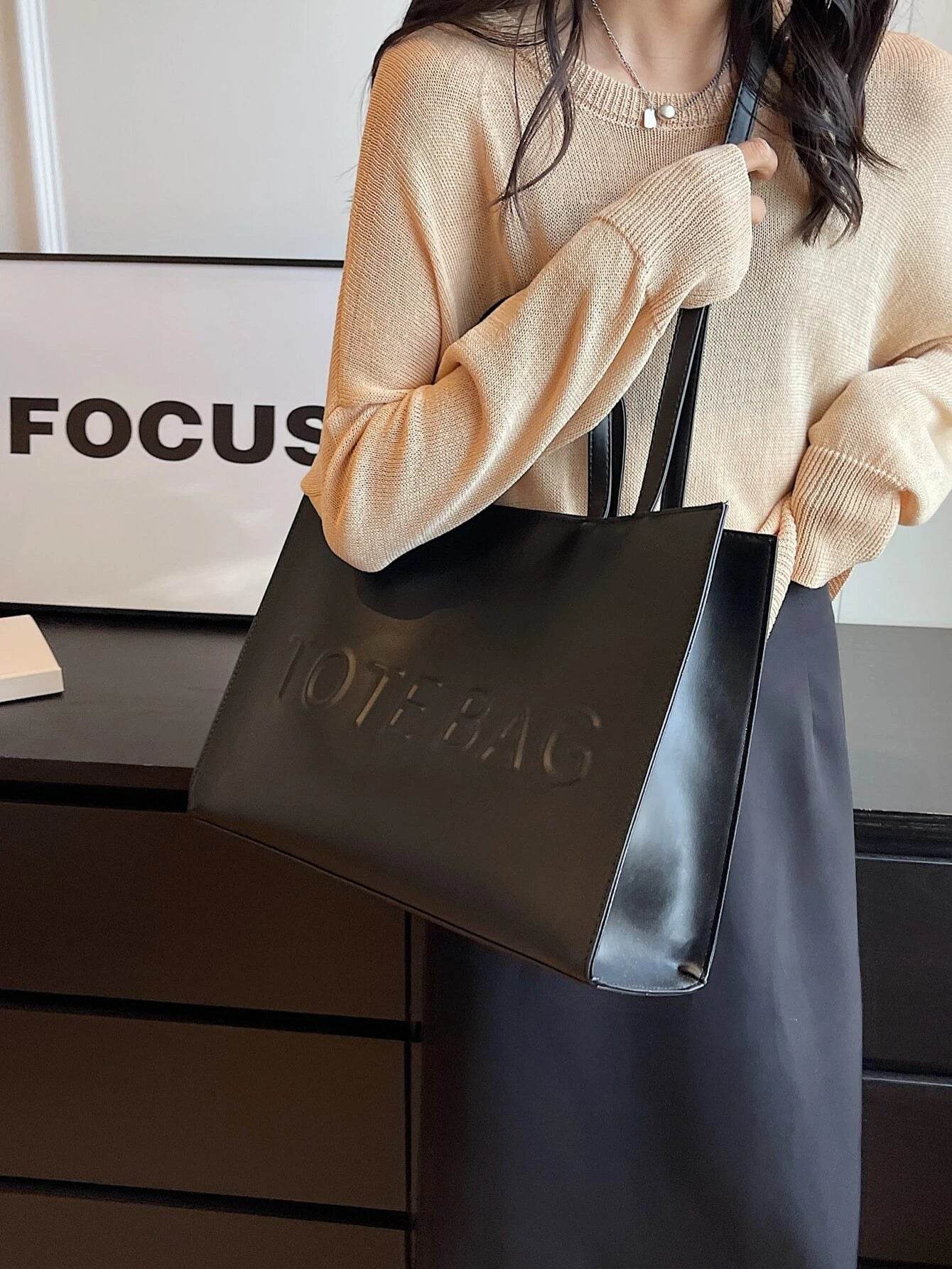 Large Capacity Fashionable Tote Bag With Letter Print Fashion Solid Color Simple Crossbody Bag Women Casual Handbag Shoulder Bag - Imbasat