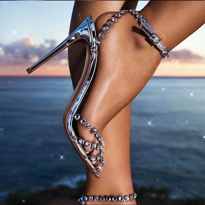 Large Size Sandals Stiletto Heels Round Toe Black Shoes for Women Big Beige Comfort High Low Fashion Rhinestone Girls Scandals R - Imbasat