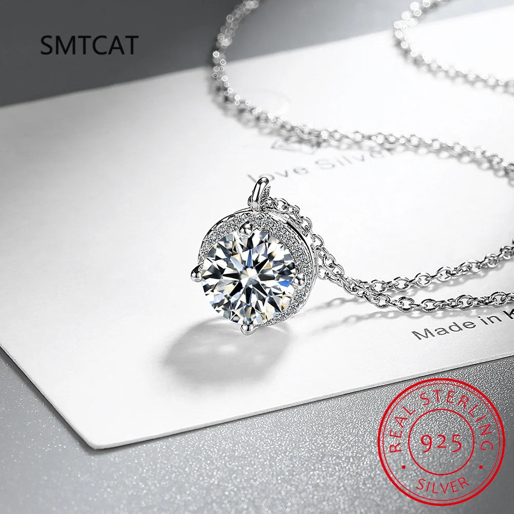 Luxury Certified Moissanite Diamond Classic Round Pendant Necklace for Women Real 925 Sterling Silver Chain Wedding Jewelry