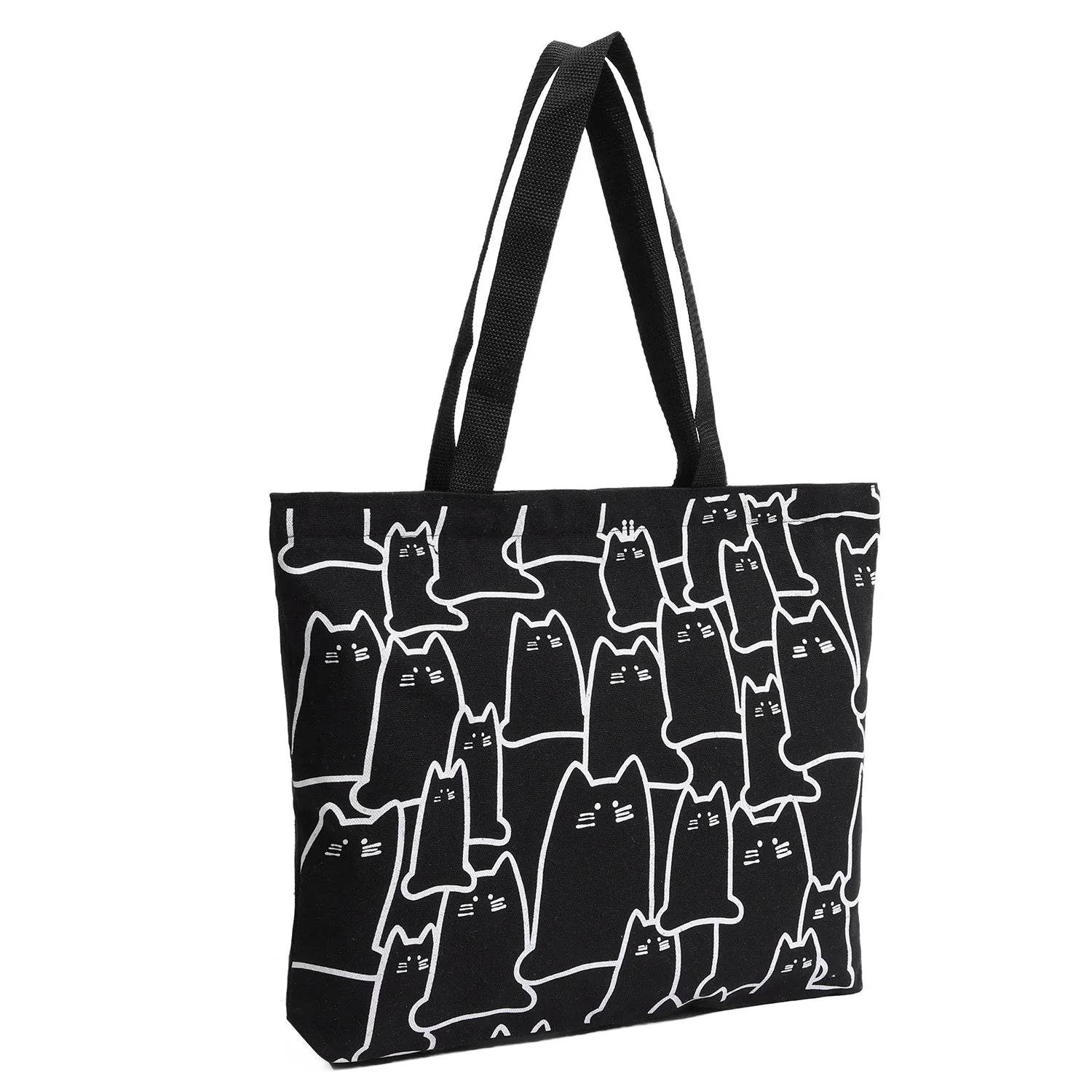 Canvas Handbag For Women 2023 Fashion Cute Cat Tote Messenger Bags With Zipper Designer Bag Ladies Cartoon Shoulder Shopper Bags - Imbasat