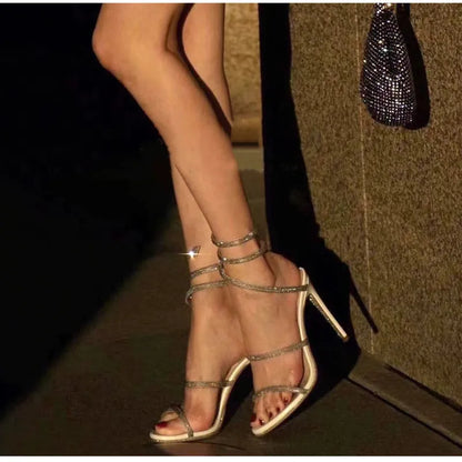 Fashion Summer Snake Twine Around Crystal Women Sandals Luxury Rhinestones Thin High heels Gladiator Sandals  Party Prom Shoes