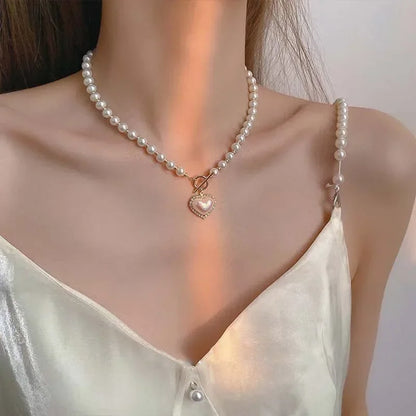 Imitation Pearls Collar Vinatge simulated Pearl Pendant Neck Necklace For Women Simple OT Buckle Clavicle Chain Party Jewelry