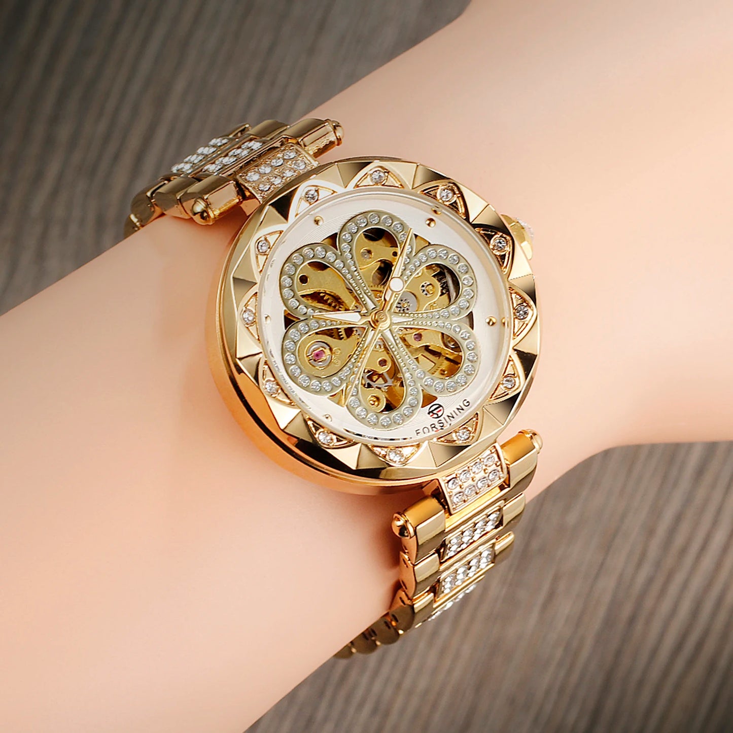 Forsining Skeleton Watch for Women Fashion Classics Diamond Automatic Mechanical Watches Luminous Hands Stainless Steel Strap