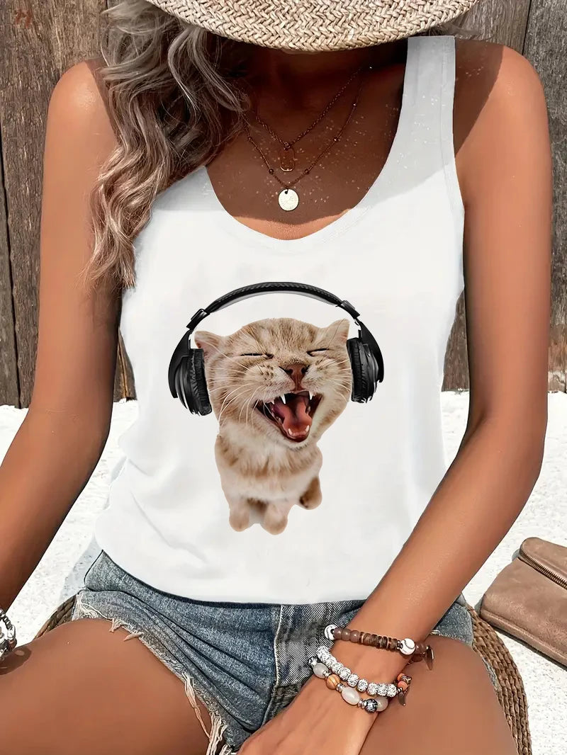 Cat Women Summer White Print T-shirt Girl Casual O Neck