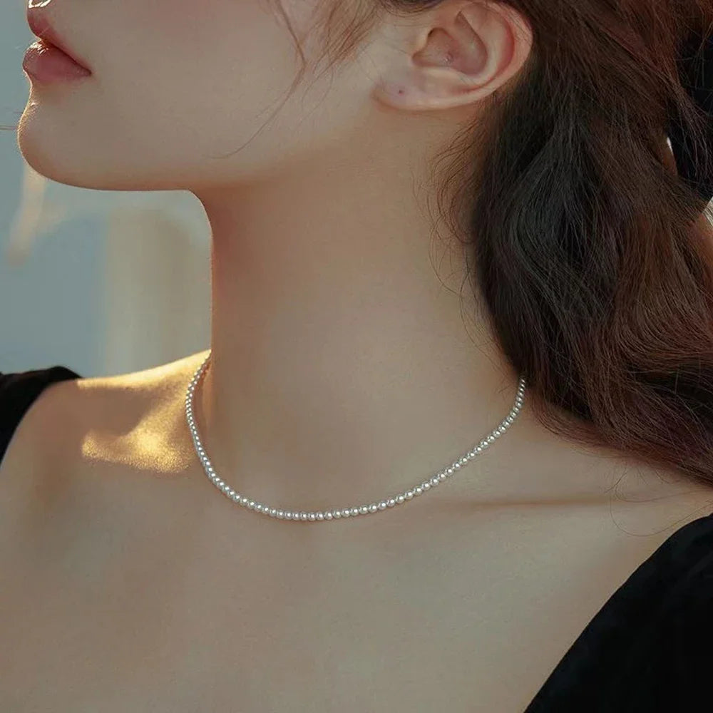 White Pearl Chain Choker Necklace